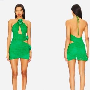 For Love And Lemons Emerald Floral Lace-Satin One Shoulder Cut Out Mini Dress M